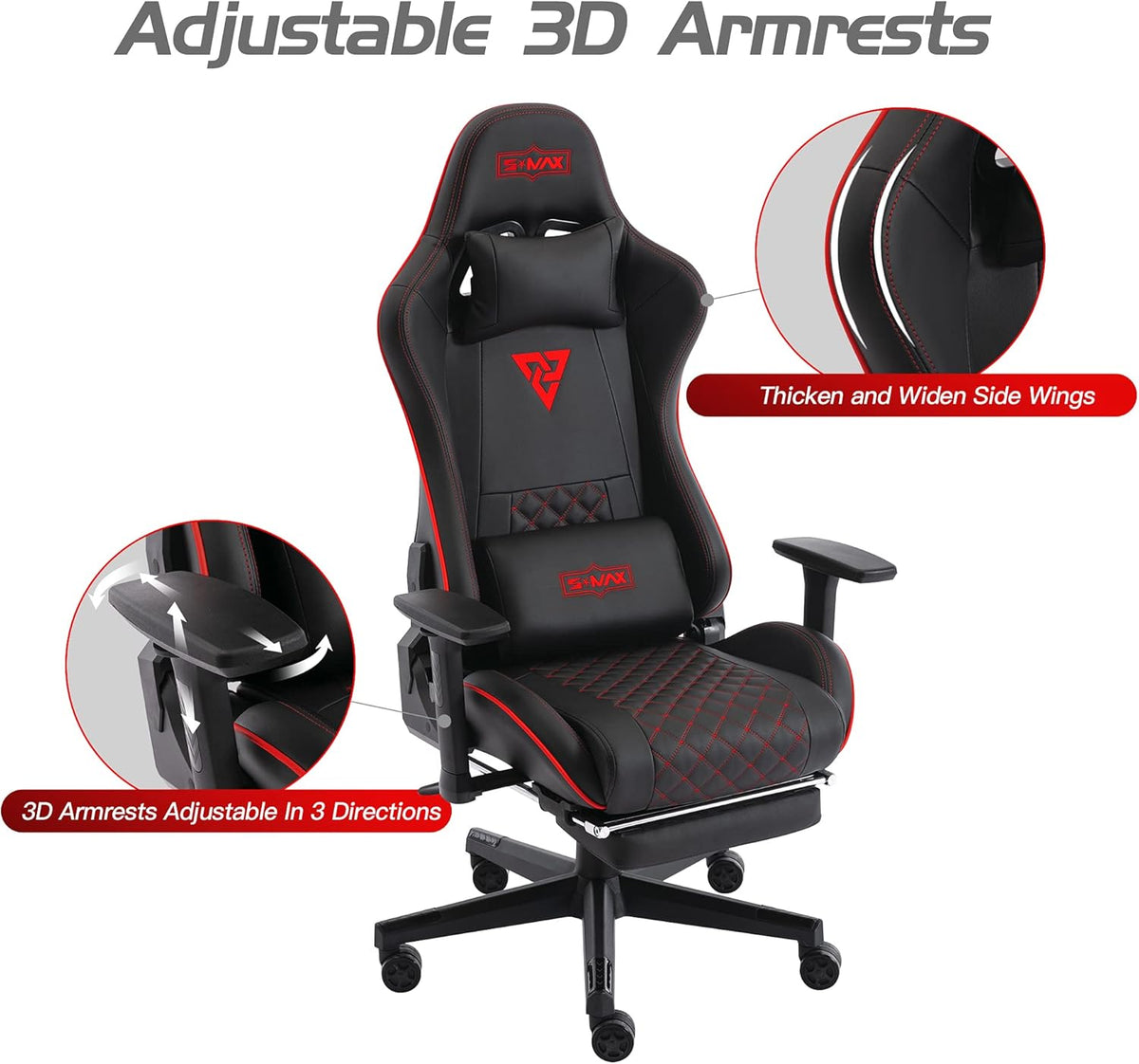 S*MAX Gamingstoel met voetensteun, verdikte zitting, gamestoel met 3D-armleuning en lendensteun, van PU-leer, pc-stoel, videospelstoelen met hoge rugleuning, voor volwassenen, zwart