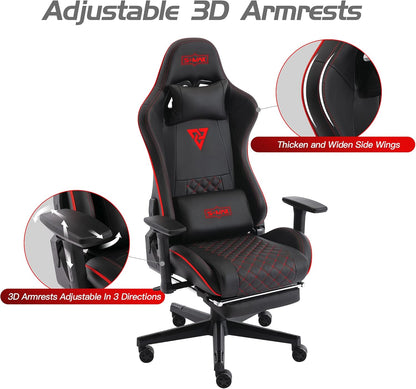 S*MAX Gamingstoel met voetensteun, verdikte zitting, gamestoel met 3D-armleuning en lendensteun, van PU-leer, pc-stoel, videospelstoelen met hoge rugleuning, voor volwassenen, zwart