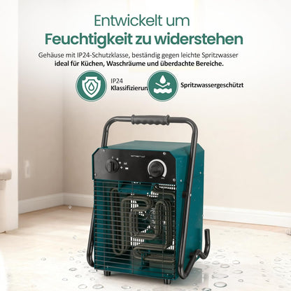 EMERIO Ventilatorkachel, voor ruimtes tot 50 m², IP24, 5000 W krachtstroom, roestvrijstalen verwarmingselement, 2 warmtestanden, instelbare thermostaat, oververhittingsbeveiliging, stabiele