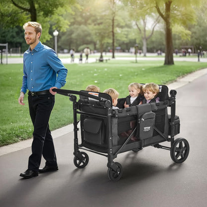 VEVOR Wagon Kinderwagen voor 4 kinderen, Push Pull Quad Opvouwbare Kinderwagen met Verstelbare Handvat, Veiligheidsharnas & Afneembare Luifel, 4-zits Kinderwagen voor Camping, Donkergrijs & Zwart (350