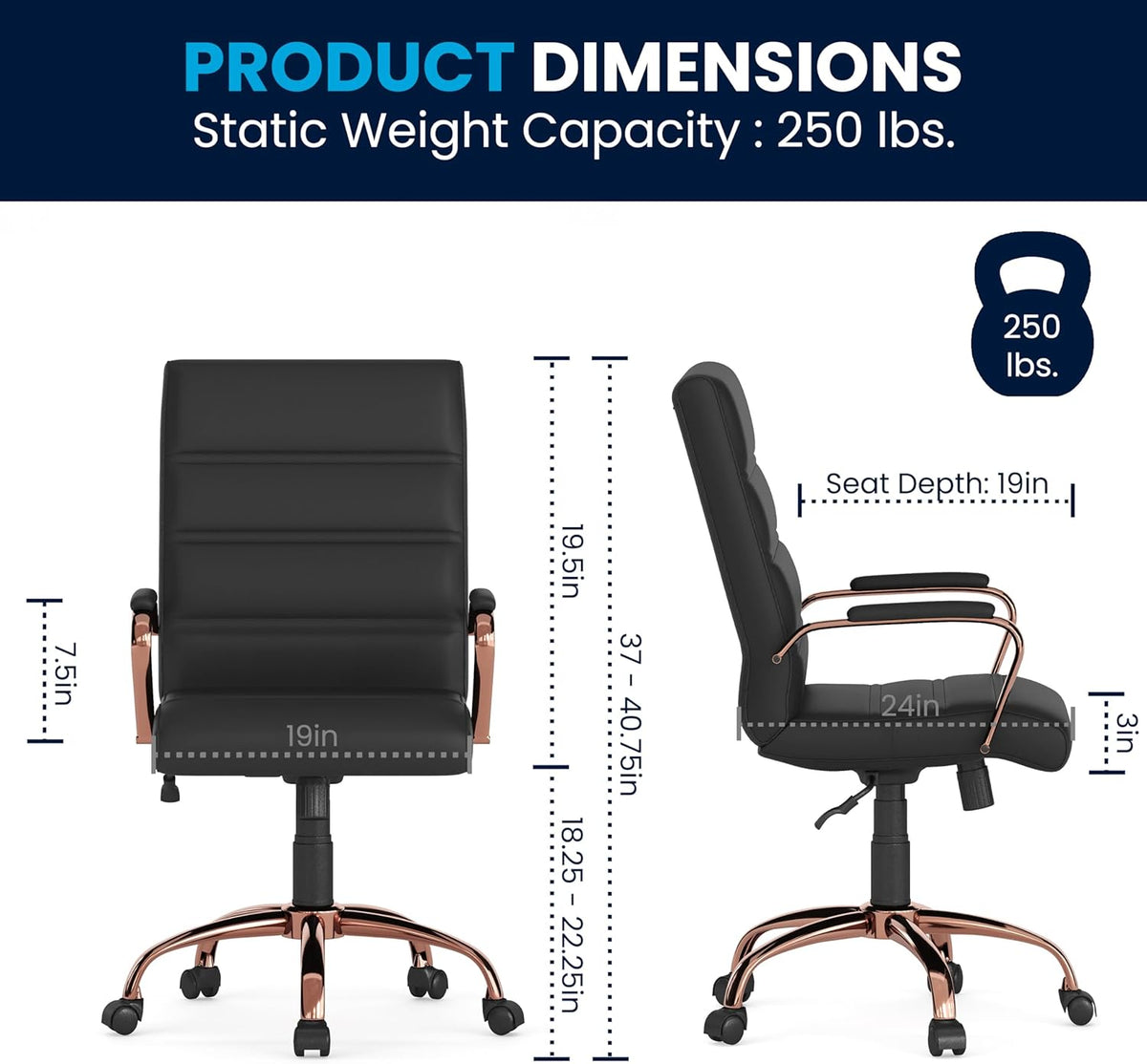 Flash Furniture Executive stoel, draaistoel, zwart leer, roodgoudkleurig frame, 61 x 58,4 x 103,5 cm (B x D x H)