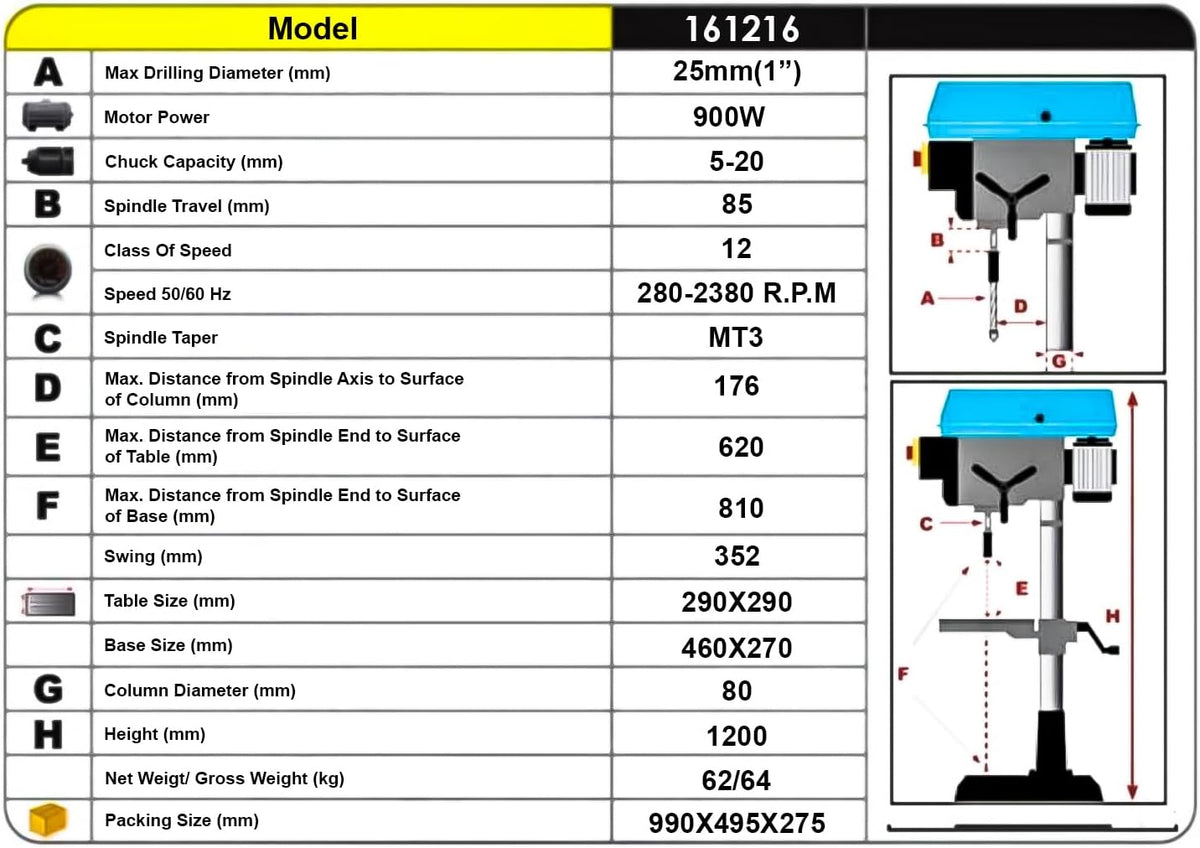 KATSU Tools Industriële bankpijlerboormachine, 900 W + 20 mm boorkop + 12 snelheden elektronische variabele snelheidsschakelaar + 85 mm maximale boordiepte + max. 2380 tpm + in hoogte verstelbare