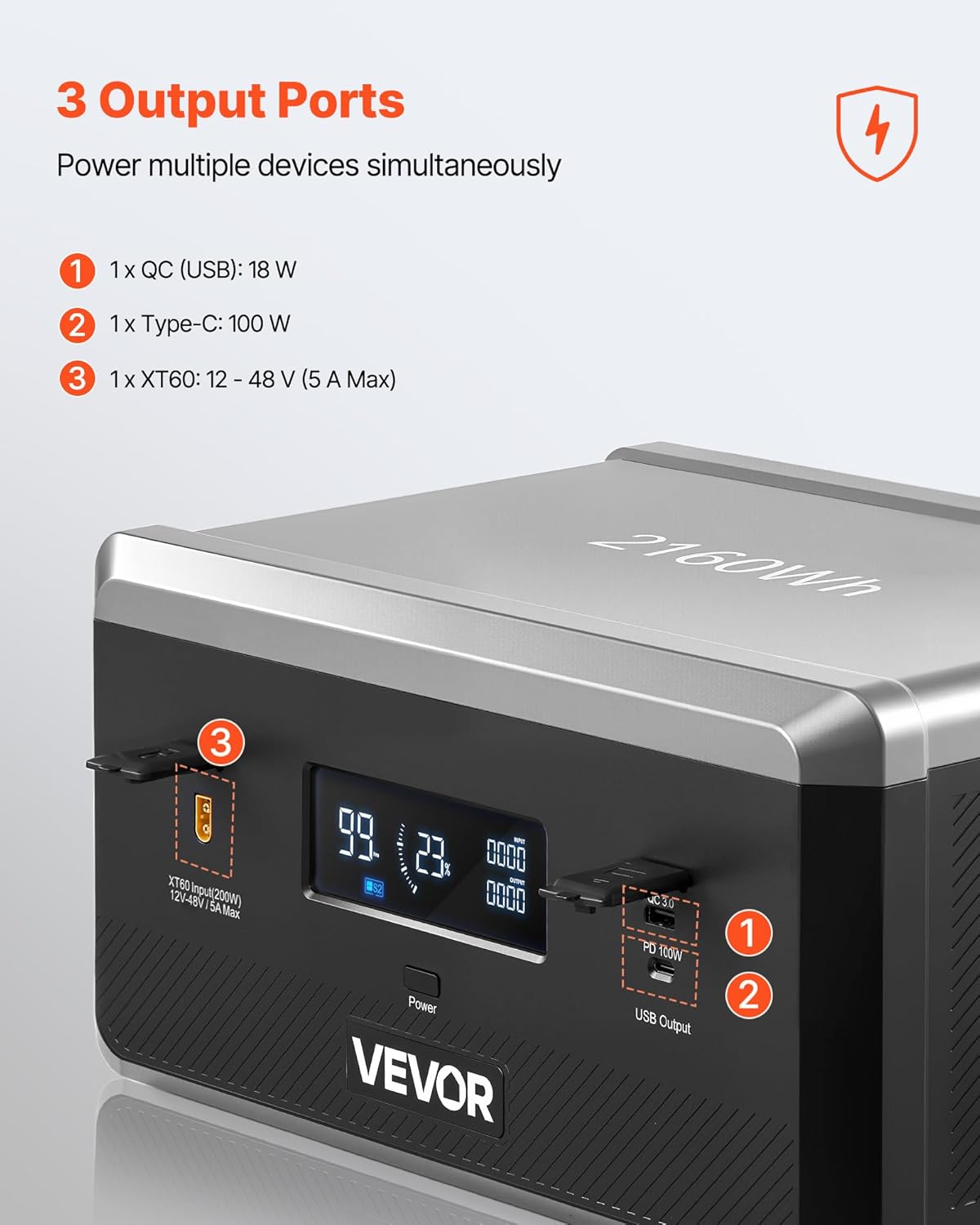 VEVOR Extra accu voor draagbaar stroomstation, extra 2160 Wh LifePO4-uitbreidingsaccu met 3 uitgangspoorten voor thuis, camping, reizen, camper, noodgevallen