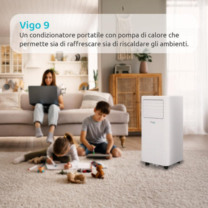 Vigo 9 Draagbare airconditioner, 9000 BTU, met warmtepomp en luchtontvochtiger, R290-gas, geavanceerde functies, draadloze lcd-afstandsbediening, programmeerbare timer en wielen, 63 dB