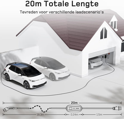 dé EV Charger Type 2 11kW [20m, 3-Fase, 6-16A] Laadpaal 11kW 3 Fase met instelbaar laadvermogen, Mobile Wallbox voor model Y/3, ID.3/4/5, Enyaq, EX30/XC40, Niro en Andere EV&PHEV