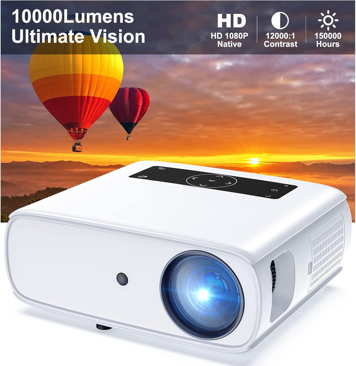 Native 1080p Full HD beamer, 10.000L thuisbioscoop, videobeamer met 150.000 uur, ondersteunt 4K 350'' display multimedia beamer voor smartphone/pc/laptop/PS4/tv-stick/EXCEL/PPT