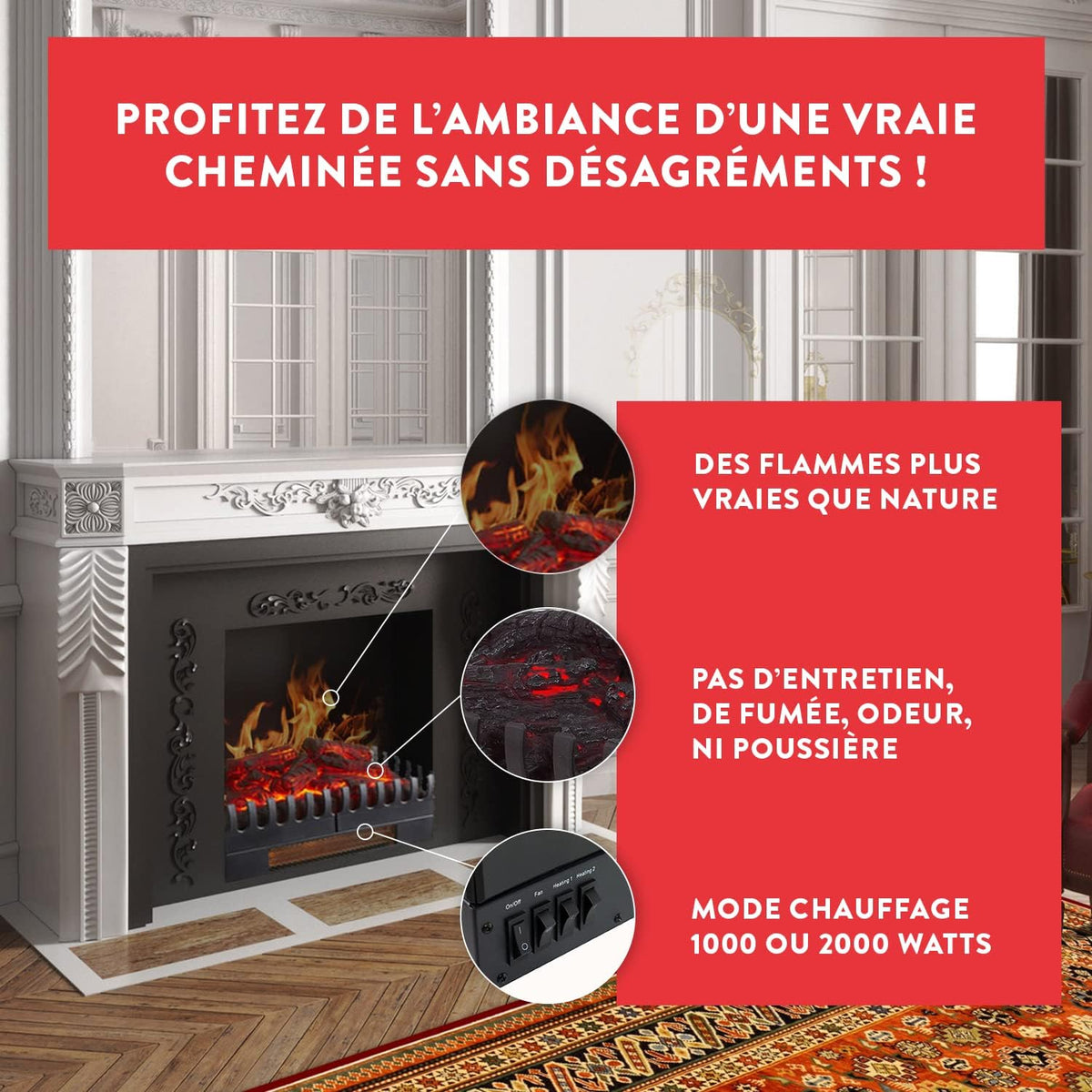 CHEMIN'ARTE Elektrische haard vlammeneffect XL + verwarming 2000 W – gloeiende houtblokken - Leds Verlichtin - Vrijstaandg - 67x23x24cm
