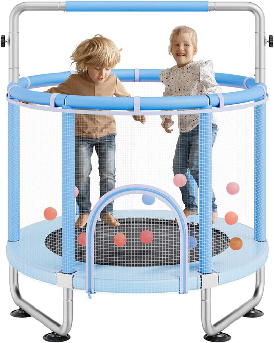 VEVOR Trampoline voor kinderen voor binnen en buiten, mini-trampoline voor peuters met veiligheidsnet en basketbalring, voor kinderen vanaf 3 jaar, 1470 x (1540-1690) mm, blauw
