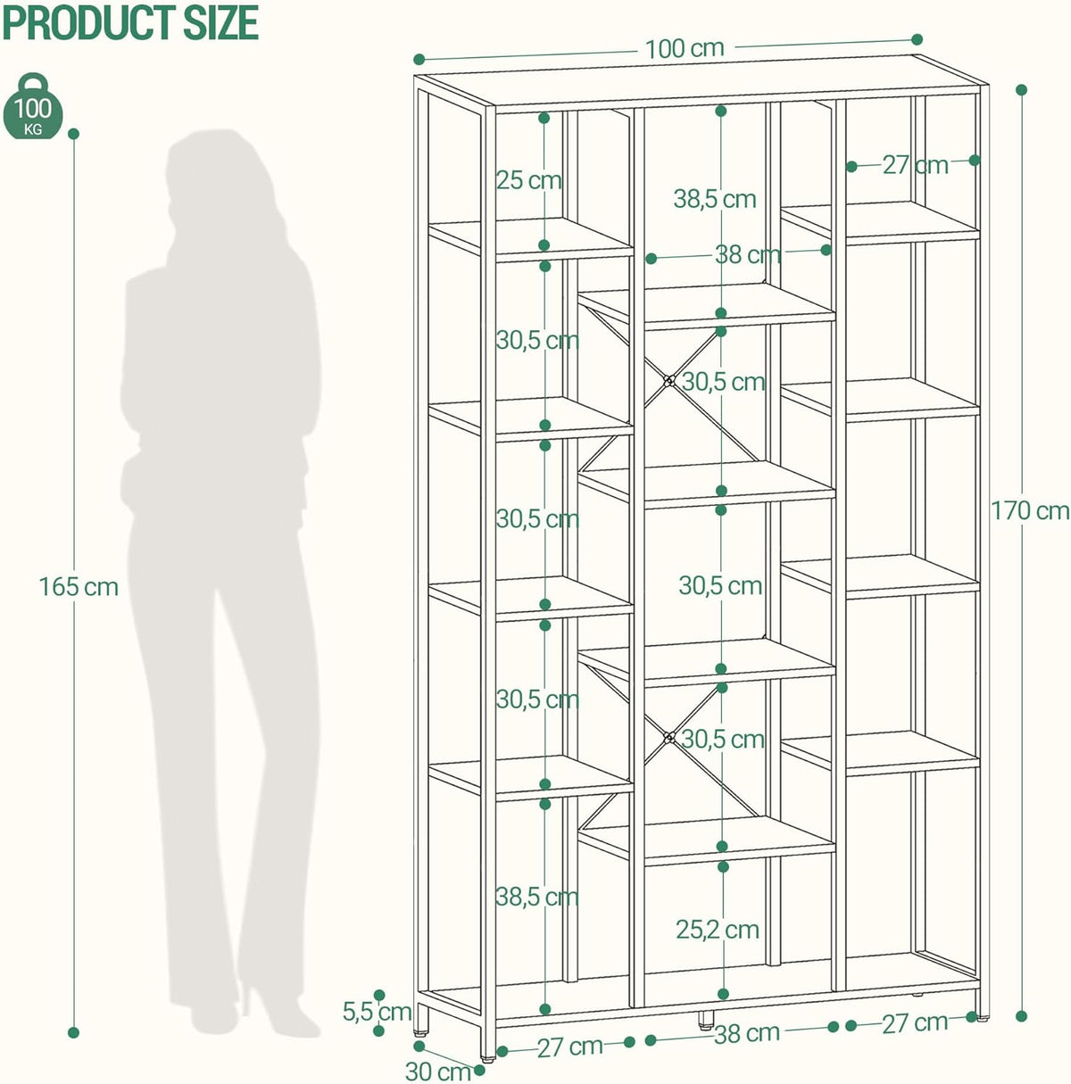 Hzuaneri Bookcase, 6 Tier Standing Shelf, 15 Shelves, Adjustable Open Shelves, for Living Room, Office, Bedroom, 30 x 100 x 170 cm, White, BC15013W