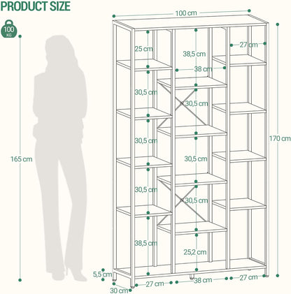 Hzuaneri Bookcase, 6 Tier Standing Shelf, 15 Shelves, Adjustable Open Shelves, for Living Room, Office, Bedroom, 30 x 100 x 170 cm, White, BC15013W