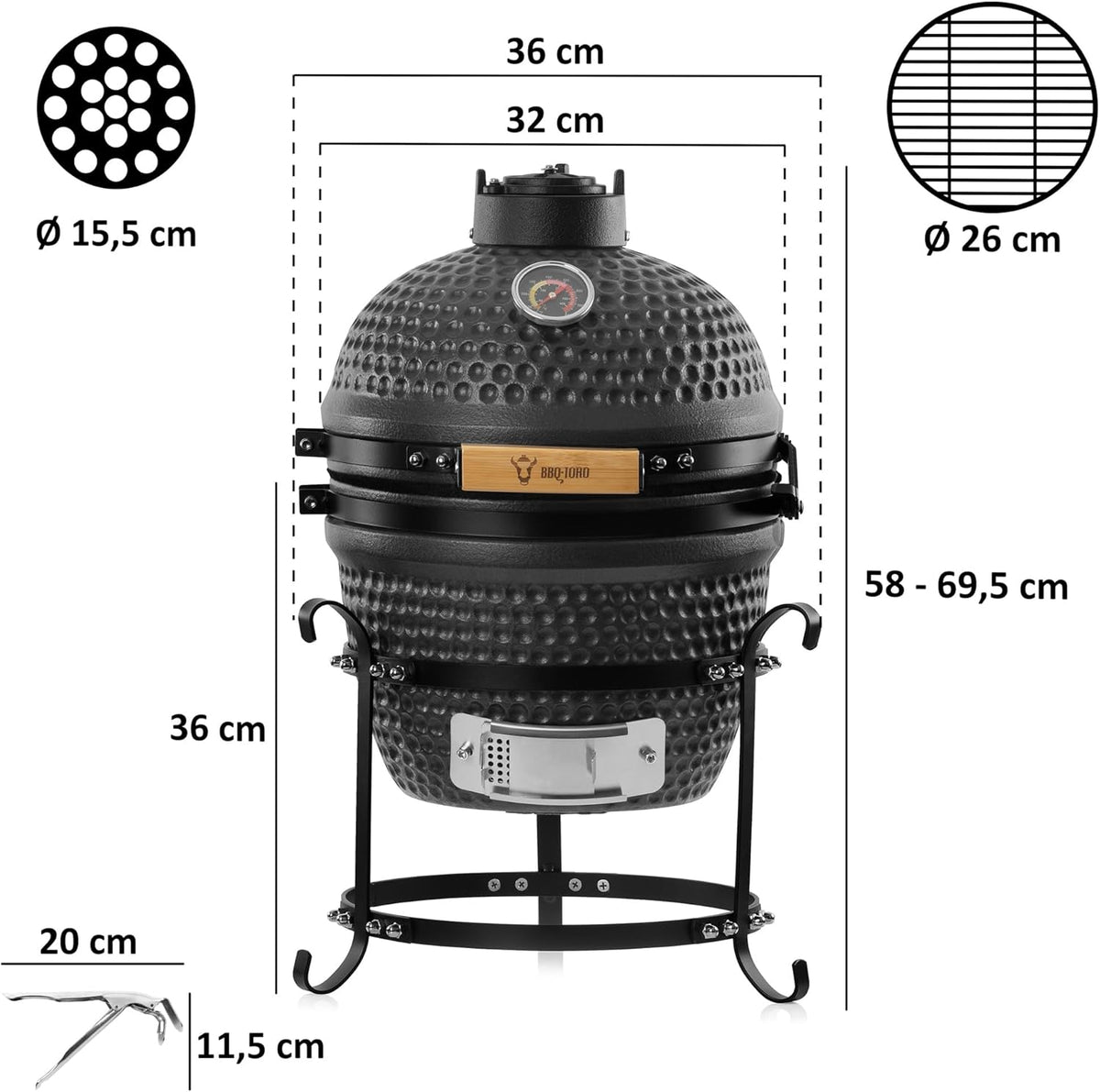 BBQ-Toro Kamado Hairo 32 cm Charcoal Barbecue with Thermometer Wooden Handle Matte Grey Bubble Frosted Glaze Kamado Ceramic Grill Mini Charcoal Grill Mini Kamado Grill Ceramic - QUORE
