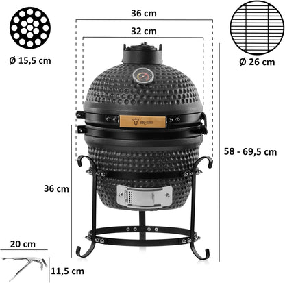BBQ-Toro Kamado Hairo 32 cm Charcoal Barbecue with Thermometer Wooden Handle Matte Grey Bubble Frosted Glaze Kamado Ceramic Grill Mini Charcoal Grill Mini Kamado Grill Ceramic - QUORE