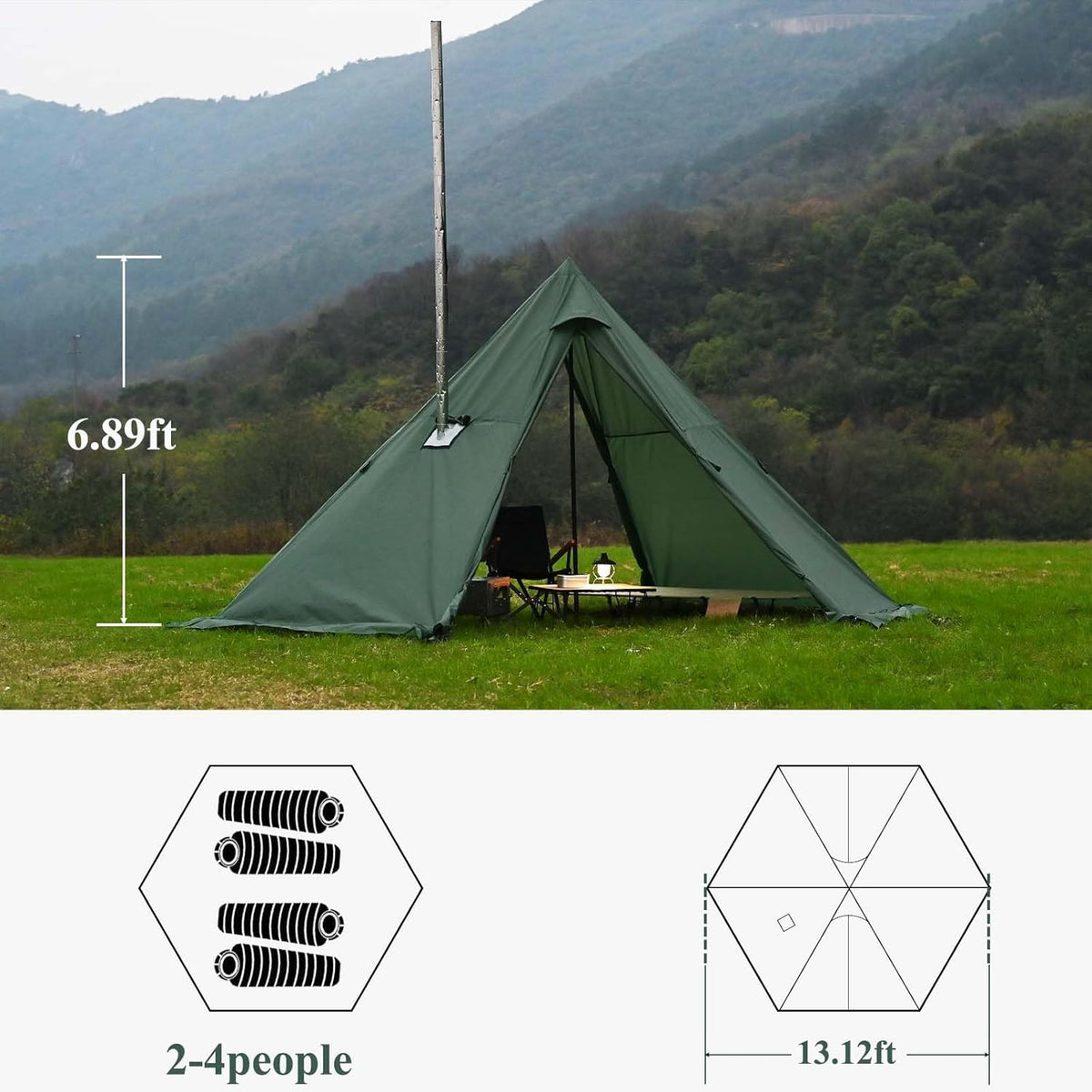 Hete tent met fornuiskrik en sneeuwrok, 3~5 personen, tipi-tent voor familiewandelingen, vissen, jagen, backpacken kamperen
