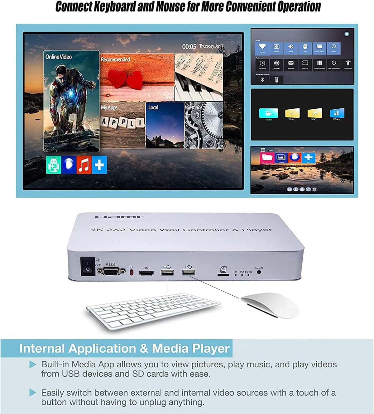 4K 2x2 Video Wall Controller USB+HDMI ingang HDMI-uitgang met mediaspeler SD-kaart Insert en Play Audio Scheiding HDMI Matrix Processor 180 Graden Draaien 8 Display Modi