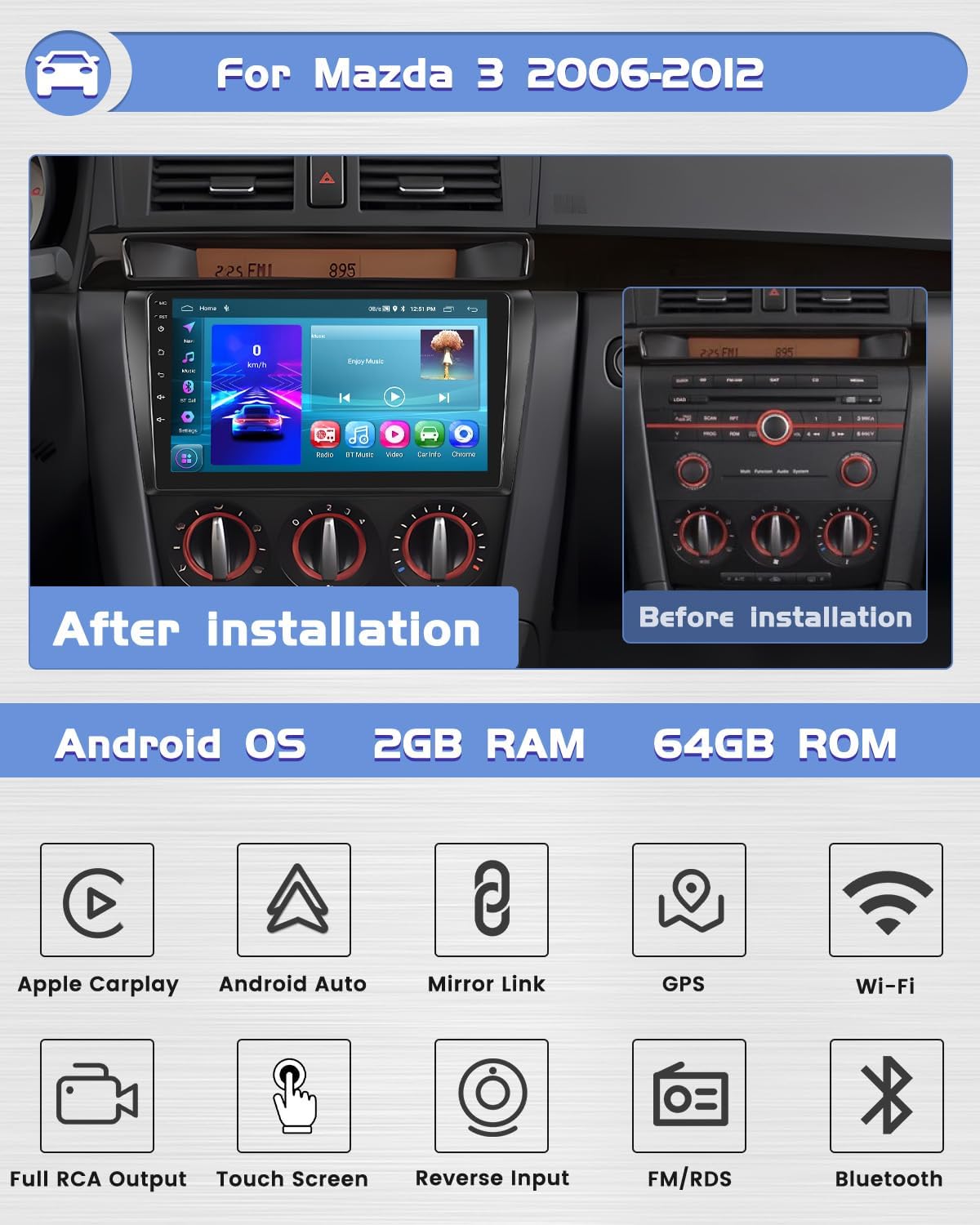 Autoradio Mazda 3 – Multimedia Systeem – Navigatie Radio – Android Headunit – Auto Entertainment – 9 Inch Touchscreen – Draadloze CarPlay & Android Auto