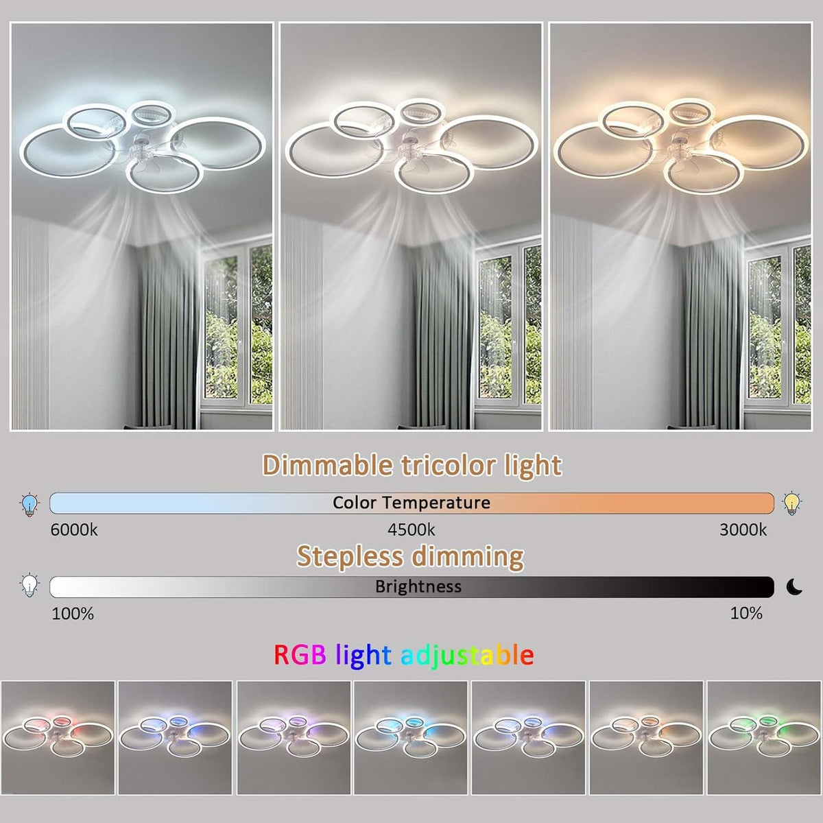 RGB Plafondventilator met ledlicht, dimbaar, slaapkamer, stil, plafondventilator, met afstandsbediening, omkeerbaar, 6 snelheden, timing, kroonluchter, ventilator, woonkamer, Φ 95 cm, wit