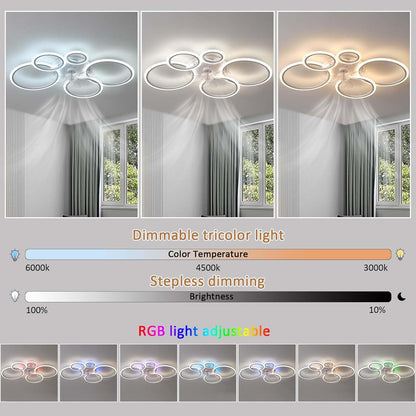 RGB Plafondventilator met ledlicht, dimbaar, slaapkamer, stil, plafondventilator, met afstandsbediening, omkeerbaar, 6 snelheden, timing, kroonluchter, ventilator, woonkamer, Φ 95 cm, wit