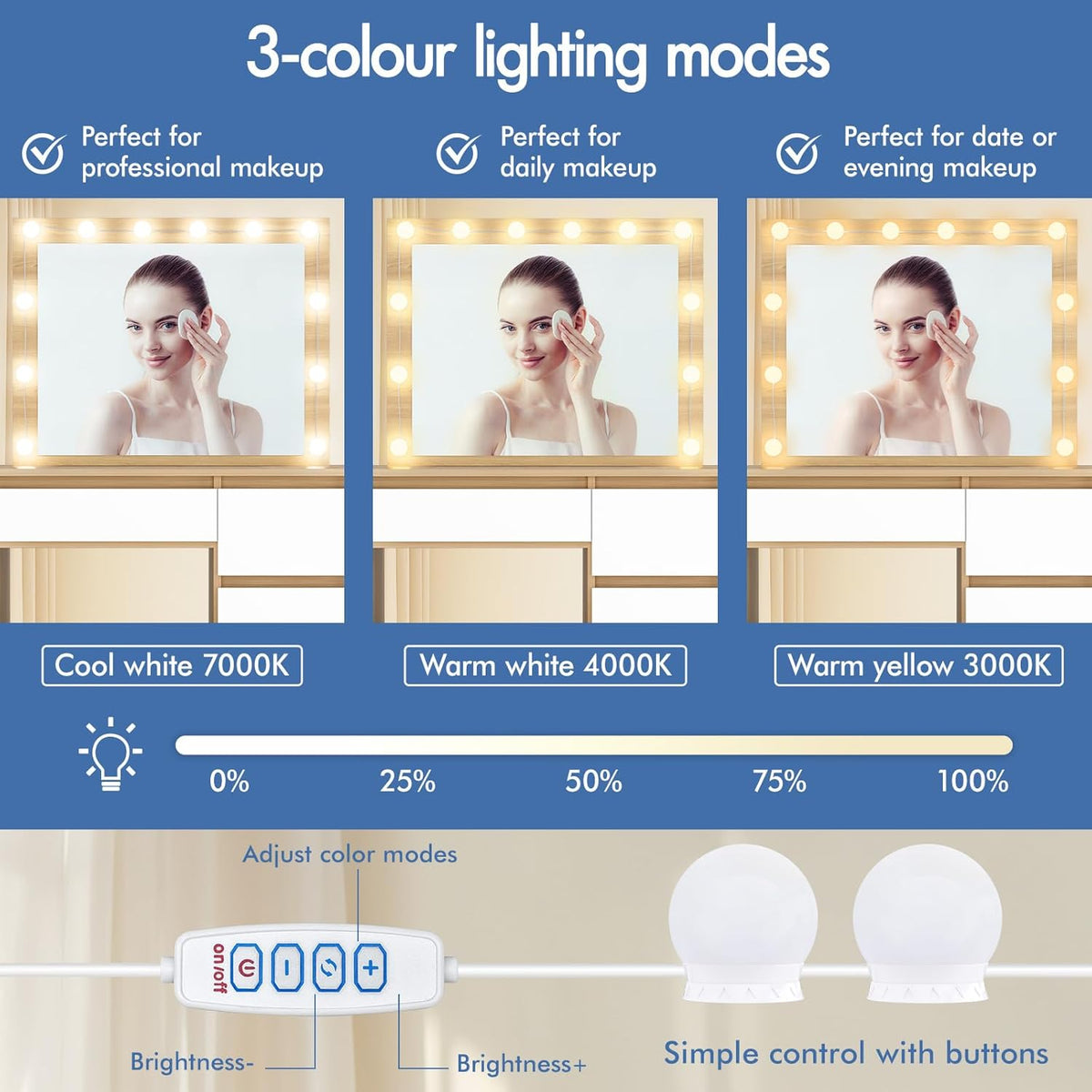 Make-uptafel – Kaptafel – Schminktisch – Make-up tafel – Make-up bureau – 4 Laden Opbergruimte – Verstelbare 12 LED Lampen