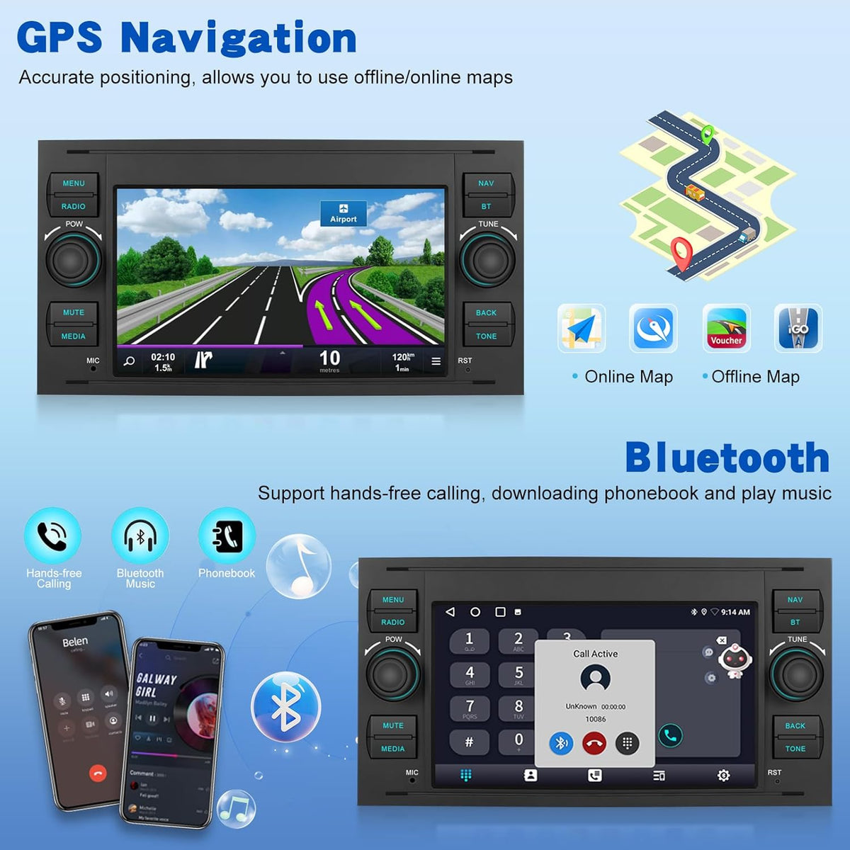 2G+64G Android Car Stereo for Ford Transit Fiesta Focus Galaxy Mondeo Fusion Kuga C-Max S-Max with Wireless Carplay & Android Auto, Touch Screen Car Radio with WiFi, GPS Navigation, Bluetooth, FM RDS
