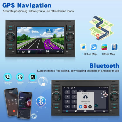 2G+64G Android Car Stereo for Ford Transit Fiesta Focus Galaxy Mondeo Fusion Kuga C-Max S-Max with Wireless Carplay & Android Auto, Touch Screen Car Radio with WiFi, GPS Navigation, Bluetooth, FM RDS