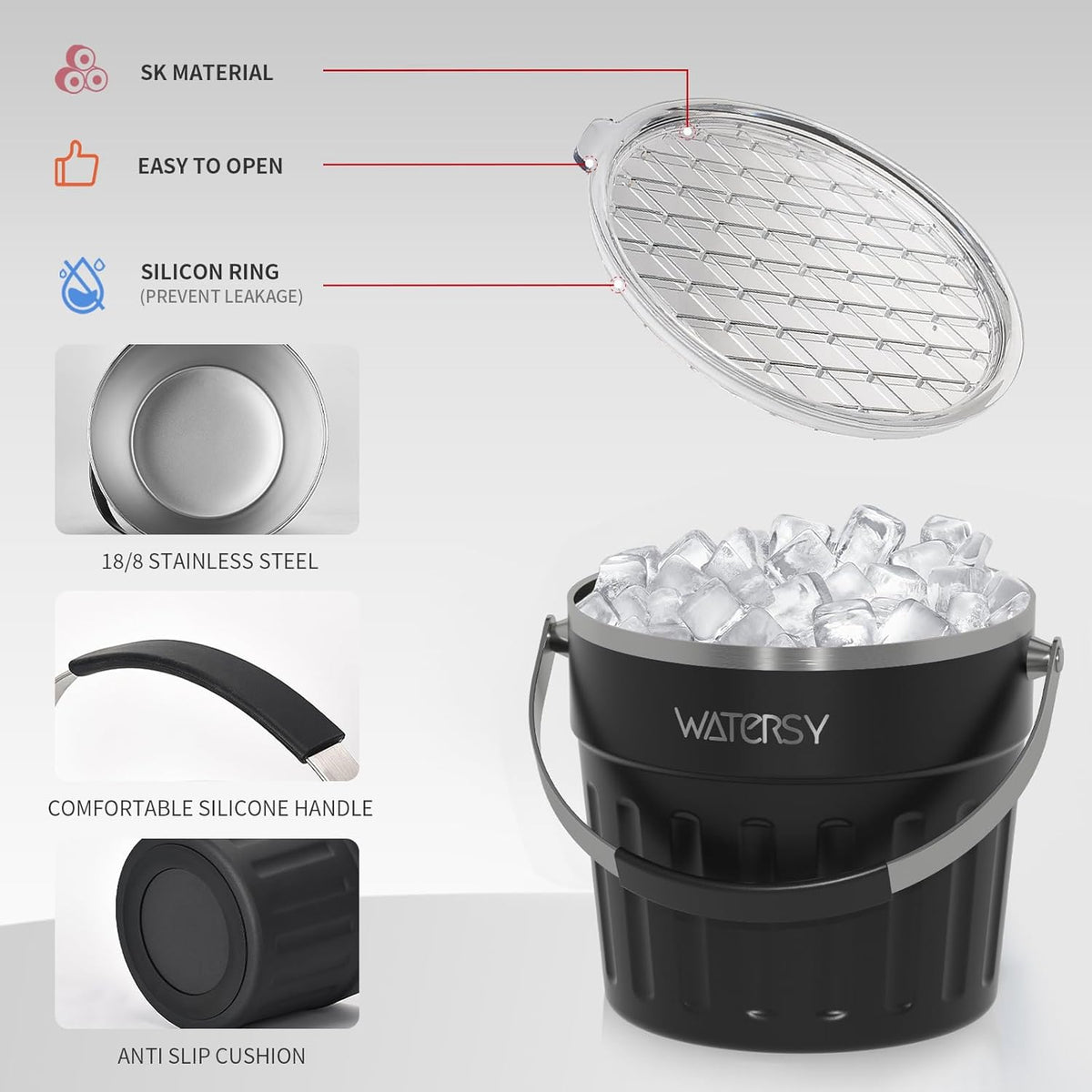 WATERSY Roestvrijstalen Ijsemmer 7,6L - met Deksel, Handvat, Ijstang en Schep - Dubbelwandig Geïsoleerd, Langdurige Koeling - voor Cocktail, Whisky, Wijn, Bier - voor Thuisbar, Feestjes en BBQ (Zwart)