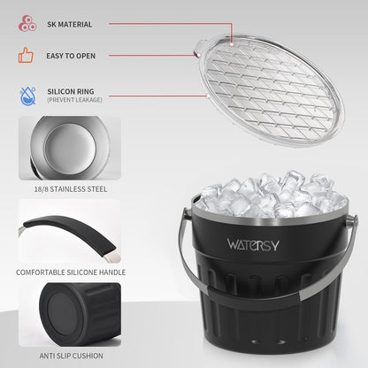 WATERSY Roestvrijstalen Ijsemmer 7,6L - met Deksel, Handvat, Ijstang en Schep - Dubbelwandig Geïsoleerd, Langdurige Koeling - voor Cocktail, Whisky, Wijn, Bier - voor Thuisbar, Feestjes en BBQ (Zwart)