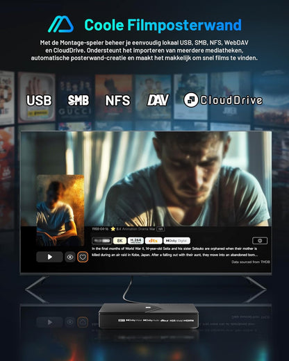 Kinhank 8K Android TV Box Compatible with Dolby Vision, Atmos, DTS X, HDR10+, 8K@60fps BD ISO, 4+64G Media Player, S928X-K/WiFi 6/BT 5.2/Gigabit Ethernet/USB 3.0/AV1/HDMI 2.1,Widevine L1,Poster Wall - QUORE
