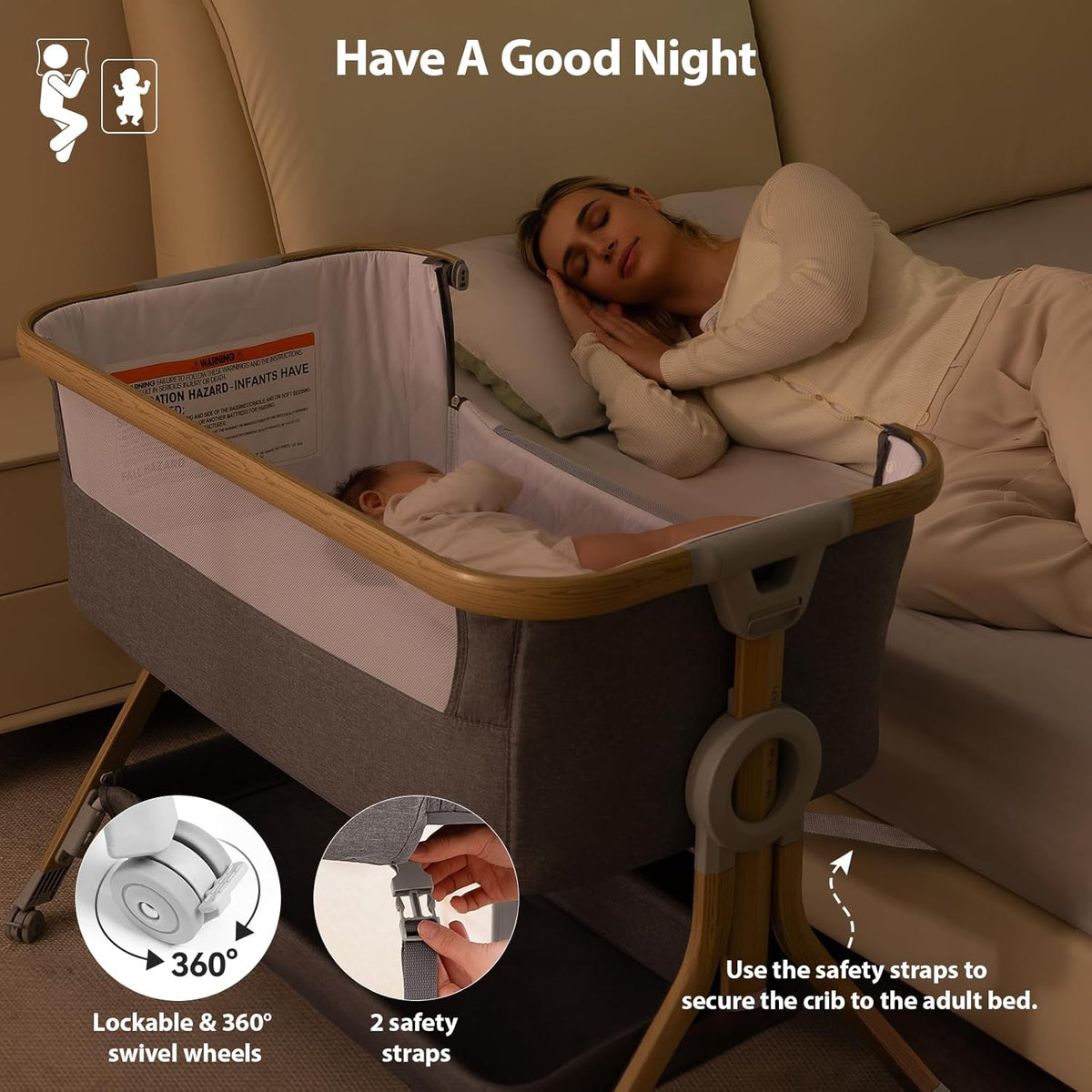 Larex Bijzetbed voor baby's, 3-in-1 babybed met muggennet, opbergtas en mand, in hoogte verstelbaar 5-traps babybed, 4 wielen met rem, ademend matras en mesh (donkergrijs)