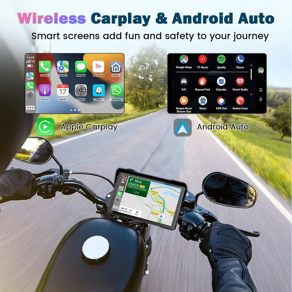 Motornavigatieapparaat voor motorfiets, met CarPlay en Android auto, 7 inch waterdicht, display van motorfietsen met bluetooth, motornavigatie, spraakassistent, magnetische houder