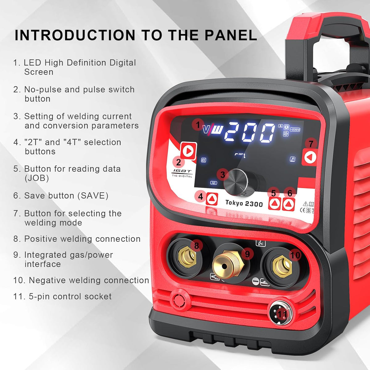 TIG professioneel lasapparaat 200 A, elektrode-las-functie, pulsfunctie, gas pre- en post-run, stroomstijging en -daling, taakgeheugen, inverter, IGBT, Tokyo 2300, Vector Welding