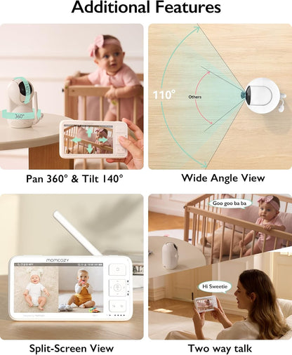 momcozy BM03 Video Babyfoon, 5,5 inch 1080p FHD Babyfoon met camera zonder wifi, infrarood nachtzicht, VOX, 2-weg audio, 500 m bereik, lokale opname