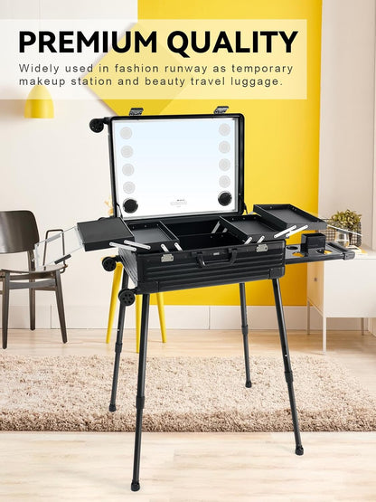 EBANKU Professionele Make-upkoffer, PC Rolling Makeup Travel Case Trolley Cosmetic Case met Verlichte Spiegel en Bluetooth, Cosmetic Case Hairdressing Trolley, 4 Weergaveknoppen(Zwart)