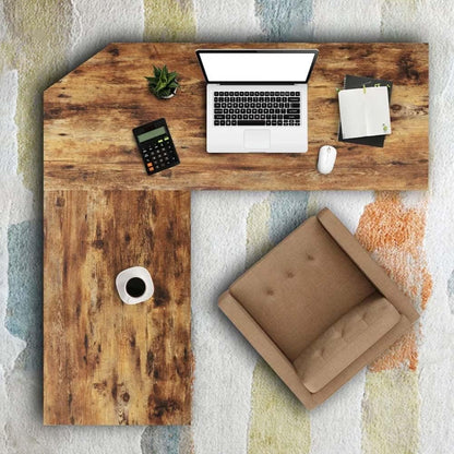 BAKAJI L-vormig hoekbureau met boekenkast met 2 planken, werktafel voor pc, frame van zwart metaal en tafelblad van hout in antieke look, kantoorinrichting, industriële stijl