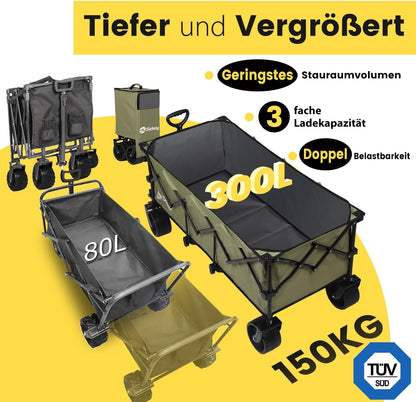 Sekey XXXL Opvouwbare Bolderwagen 300L 150KG Draagvermogen, Opvouwbare Bolderwagen 17x10 cm Extra Brede Banden voor Alle Terreinen, Gepatenteerd Opvouwbaar uit VIER Richtingen, XXXL-Super 4013, Zwart