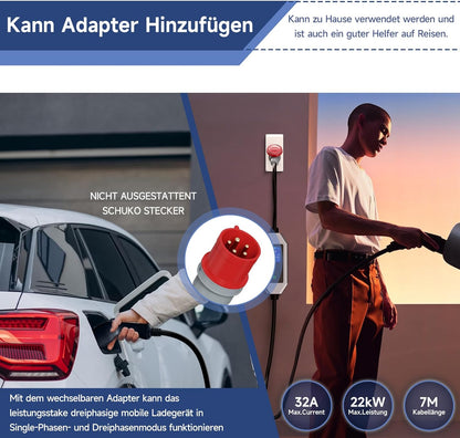 Wallbox 22 KW [3-fasig|7 m|6-32 A] met app en 32A CEE-stekker, mobiele Wallbox laadstation voor thuis