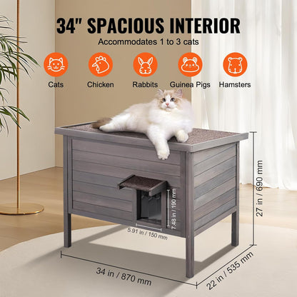 VEVOR Outdoor kattenhuis weerbestendig, wilde kattenschuilplaats voor meerdere katten, buiten houten kat konijnenhuis met rondom schuim geïsoleerd, open dak, PVC deurkleppen, 81 cm L x 65 cm B x 67 cm