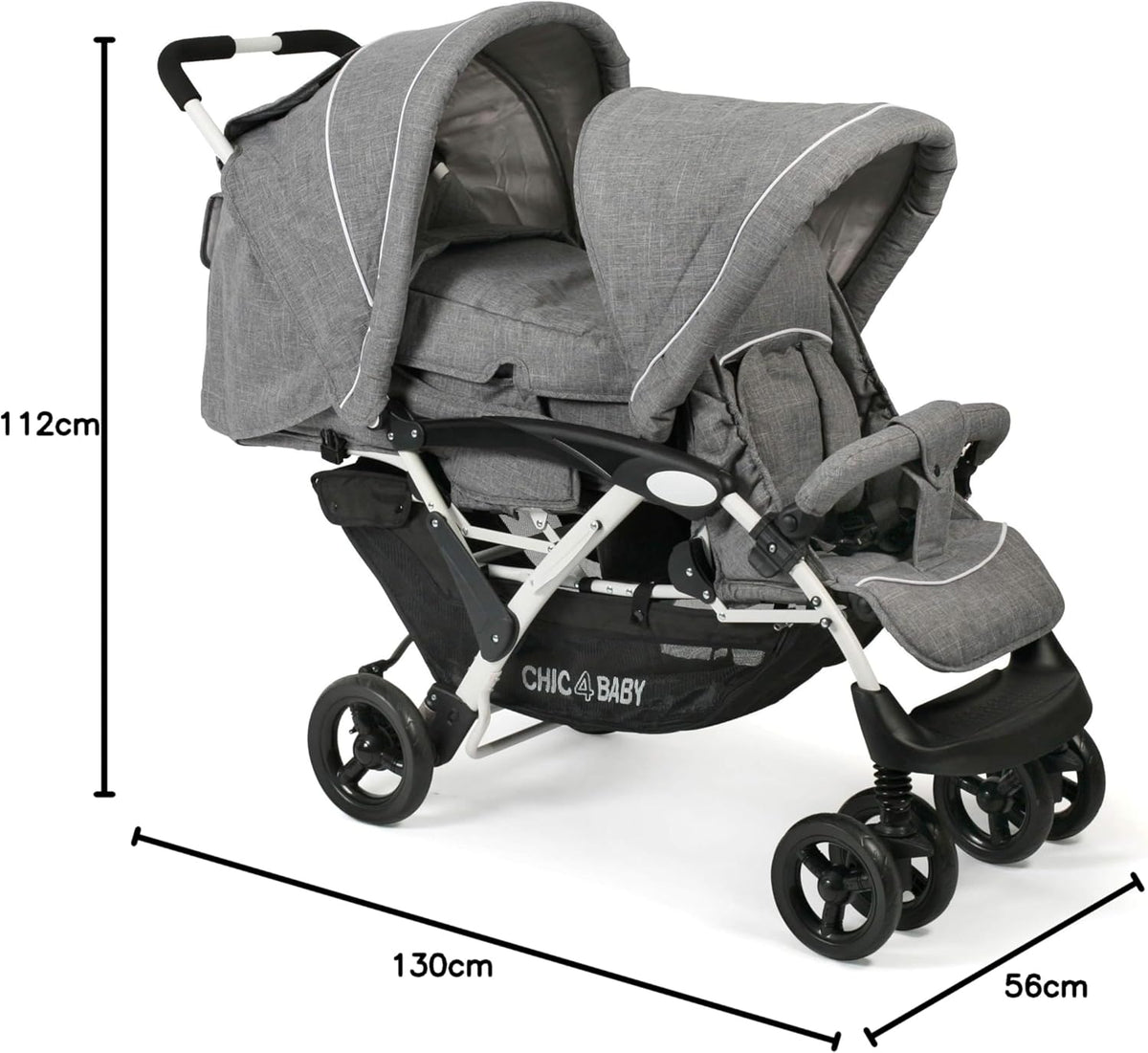 CHIC 4 BABY - Duo broers en zussen met draagtas en regenbescherming, broers en zussen kinderwagen voor twee kinderen, tweelingwagen, twinningsbuggy, tandembuggy, kinderwagen, jeans grijs