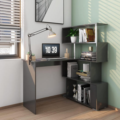 Meerveil Computertafel, L-vormig, hoekbureau, met 360 graden draaibare boekenkast voor werkkamer, woonkamer, kantoor, 157 x 45 x 130,5 cm, zwart