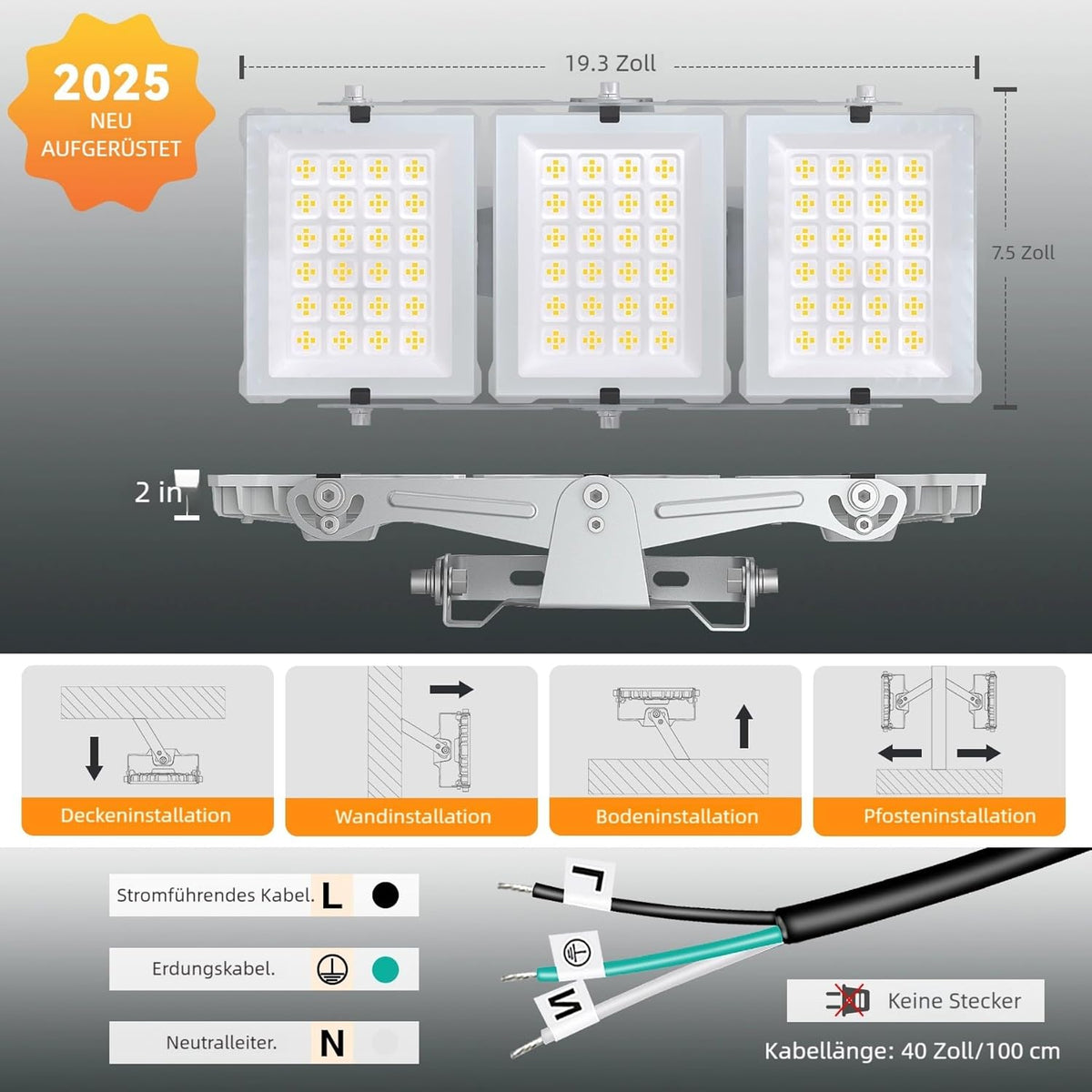 SOLLA 300 W led-schijnwerper voor buiten, ultra helder, 30.000 lumen, 6000 K, daglicht, wit, IP66 waterdicht, stadioverlampen, 3 heads outdoor floodlight, veiligheidsverlichting voor tuinen, patio's,