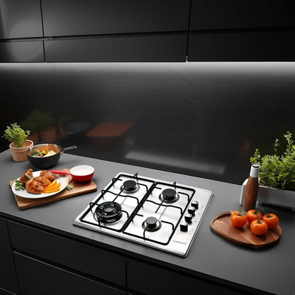 Gasfornuis – Gaskookplaat – Kookplaat – Gaspitten – Kooksysteem – 4 Geëmailleerde Branders – Elektronische Ontsteking – Veiligheidskleppen – 58 cm Breed – 8 kW Vermogen