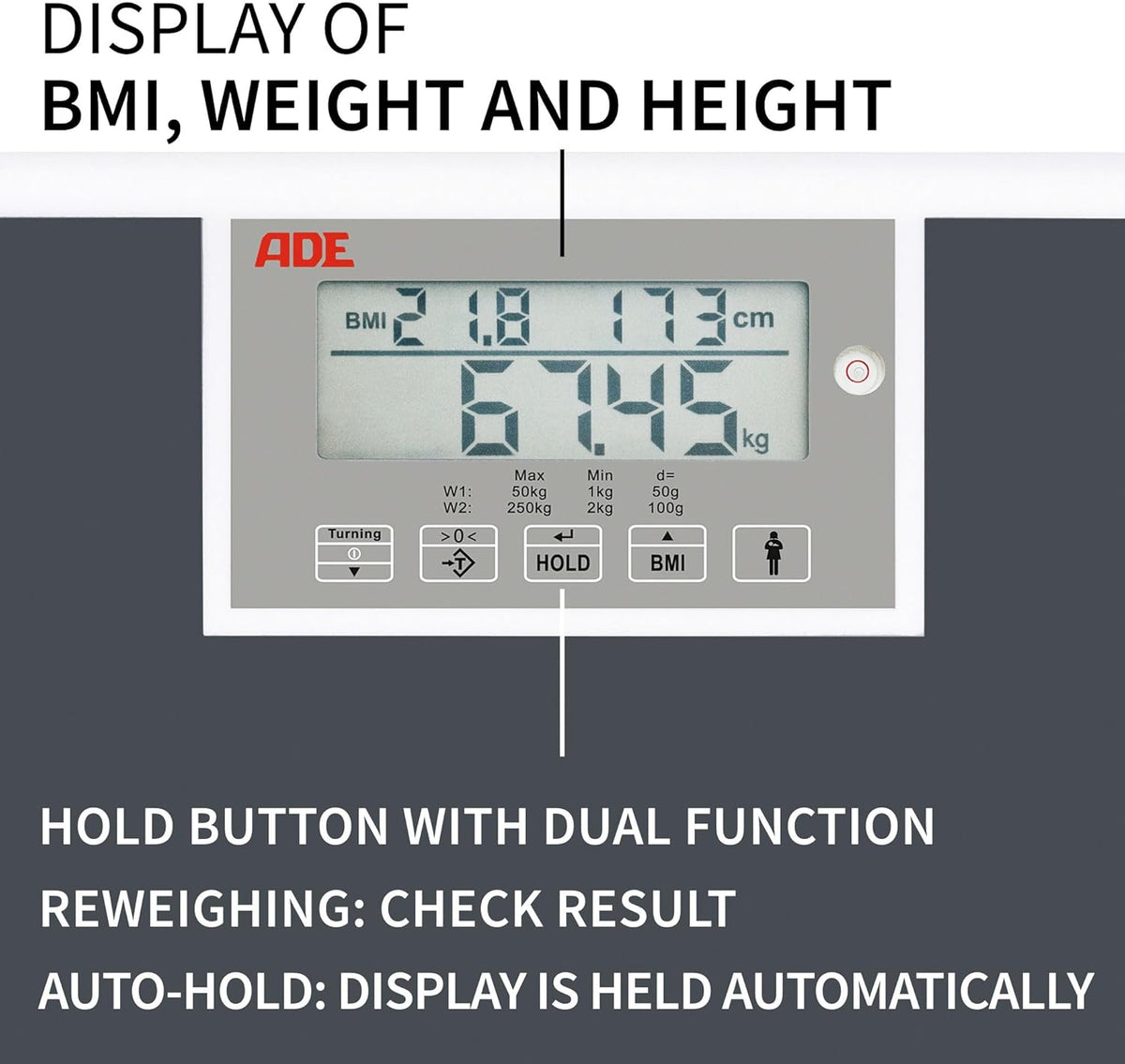 ADE Medische personenweegschaal M320600 Professionele weegschaal tot 250 kg, extra breed weegoppervlak, Mdd gecertificeerd, BMI, Hold-functie, draaibaar display 38 cm x 30, 5 cm x 6, 4 cm, 4,2 kg
