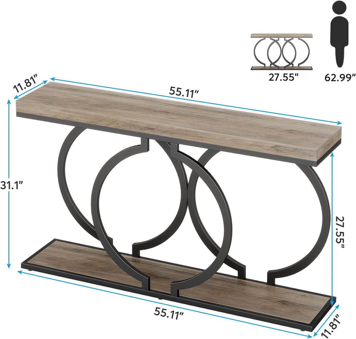 Tribesigns Console Table, 140cm Industrial Entrance Table with Geometric Metal Frame, Narrow Long Wooden Accent Bench for Living Room, Entrance, Hallway, Vintage Grey