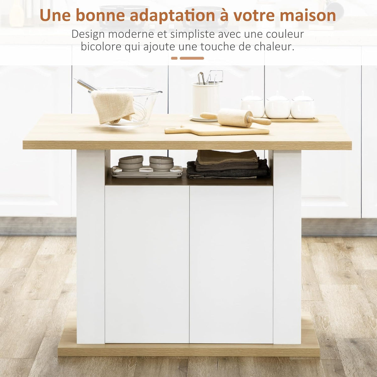 HOMCOM Dining Table, Island, Kitchen, Storage Cabinet, Table with Large Worktop, 4-6 People, Cabinet with 4 Doors and Shelves, Wood, Dimensions: 110 x 70 x 75.5 cm, White and Natural - QUORE