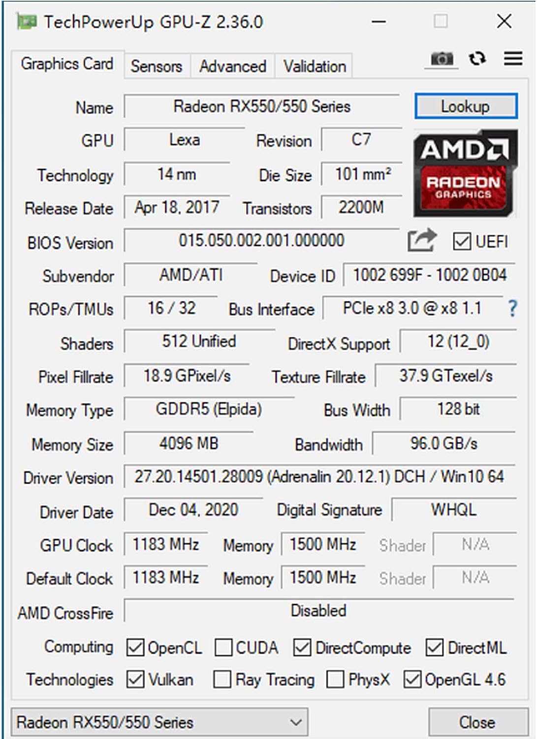AMD Radeon RX 550 grafische kaart, 4 GB, GDDR5,128-bit, Desktop Gaming Videokaart voor PC, PCI Express 3.0 X8, DirectX 12, Computer GPU, DisplayPort, HDMI, DVI-D Dual Link