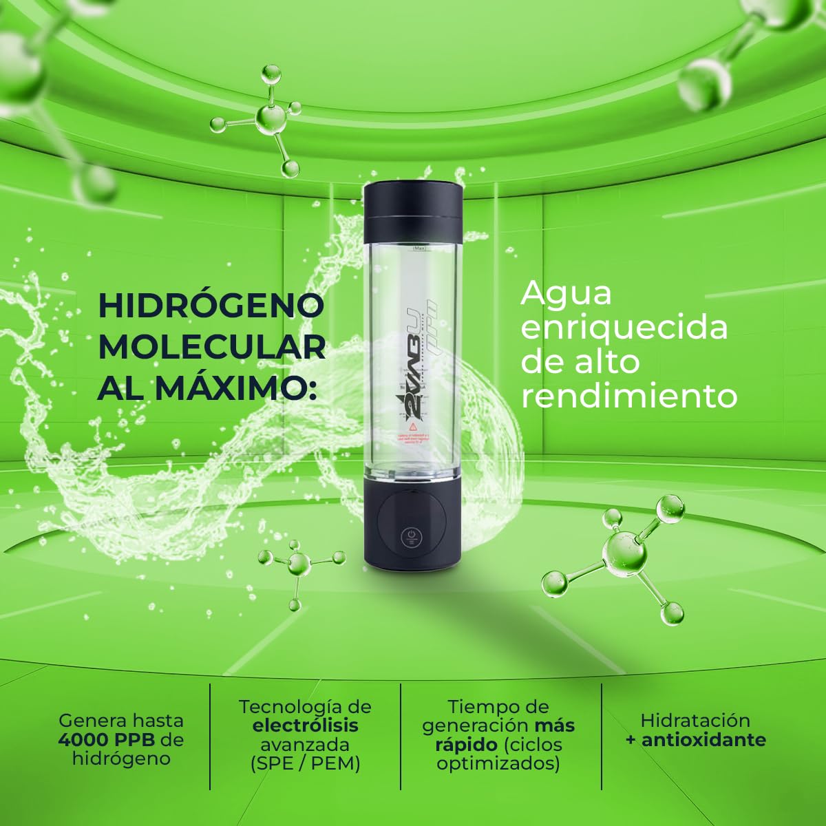 Waterstoffles Zwart – Waterstofgenerator – Waterstofwaterfles – Moleculaire Waterfles – Draagbare Waterstoffles – Tot 3000 PPB Waterstof – Oplaadbaar Met Touchscreen