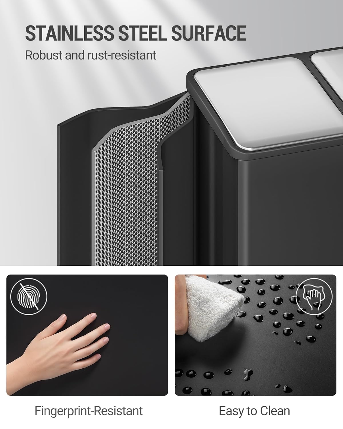 Hzuaneri Kitchen Trash Bin, Waste Separation System, 2 Compartments, 60 L (2 x 30 L), Stainless Steel Kitchen Trash Bin, Pedal Bin, Silent Slow Waste Bag, with 15 Exclusive Waste Bags, Black