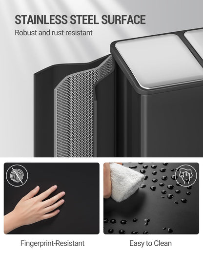 Hzuaneri Kitchen Trash Bin, Waste Separation System, 2 Compartments, 60 L (2 x 30 L), Stainless Steel Kitchen Trash Bin, Pedal Bin, Silent Slow Waste Bag, with 15 Exclusive Waste Bags, Black