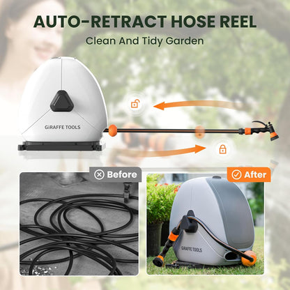 Giraffe Tools Intrekbare slanghaspel met 30 m, zware grondmontage tuinslanghaspel, met 9 functies sproeier en flexibele draaibare basis