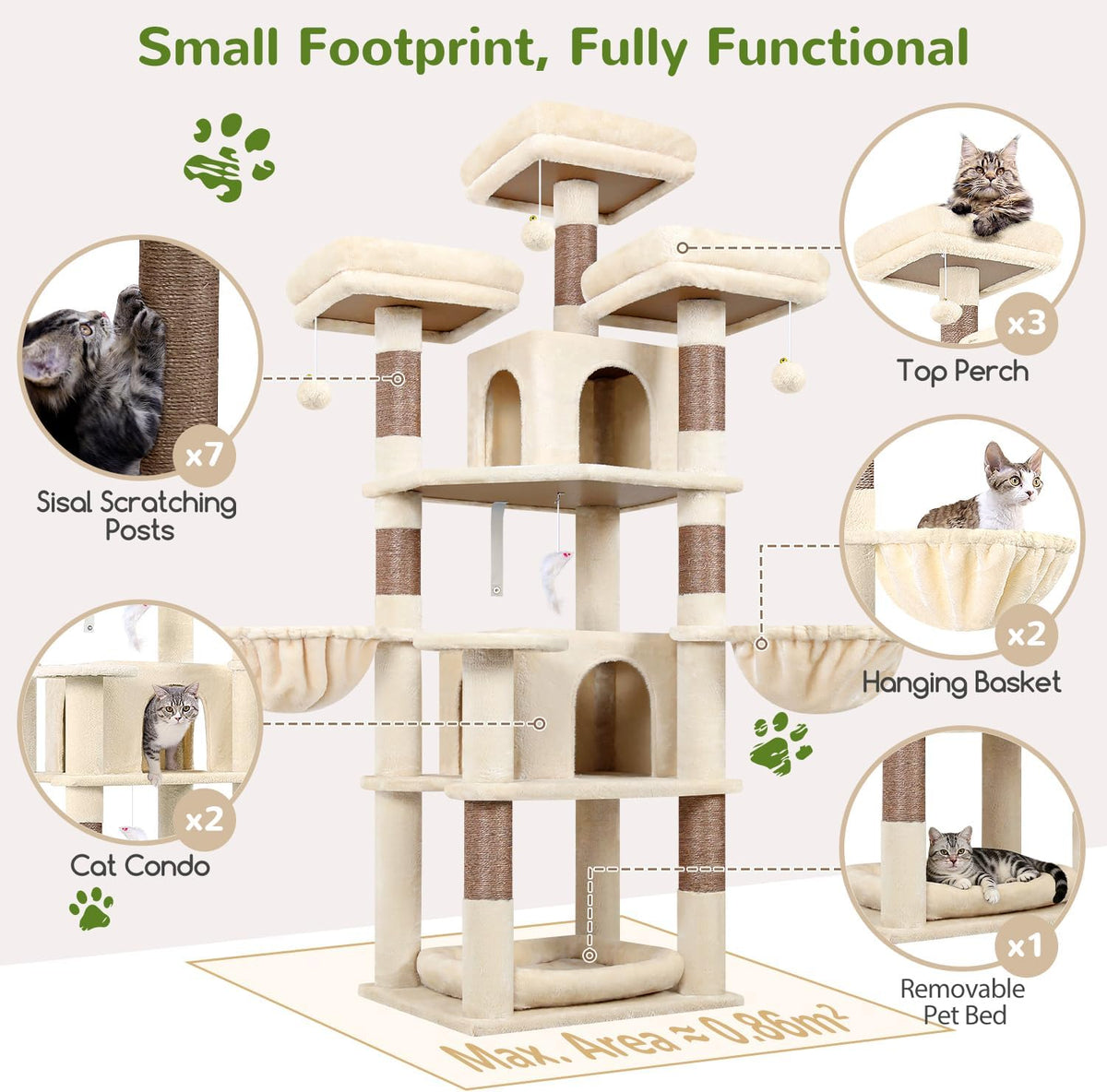 Krabpaal – Kattenboom – Krabmeubel – Klimpaal – Speelhuis Kat – Hoekmodel 172 cm Hoog – Inclusief Hondenbed