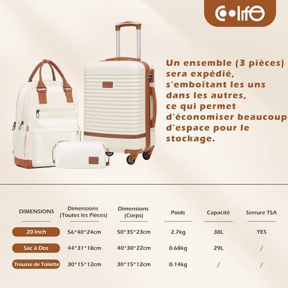 COOLIFE Koffer trolley reiskoffer ABS harde schaal TSA-slot, bevat 1 reisrugzak en 1 toilettas, grijs/roze, Handgepäck-Set 3tlg, Reisset, prachtig ontworpen
